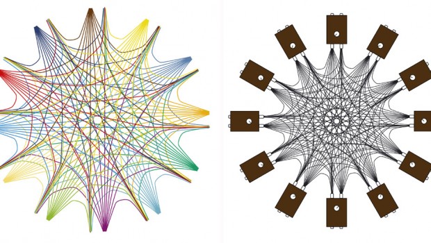 Dessin numérique des connexions entre 12 personnes dans le dispositif Simulation. Les questions de communication dans une organisation sont directement reliées à sa culture, et reflètent ses processus de création....